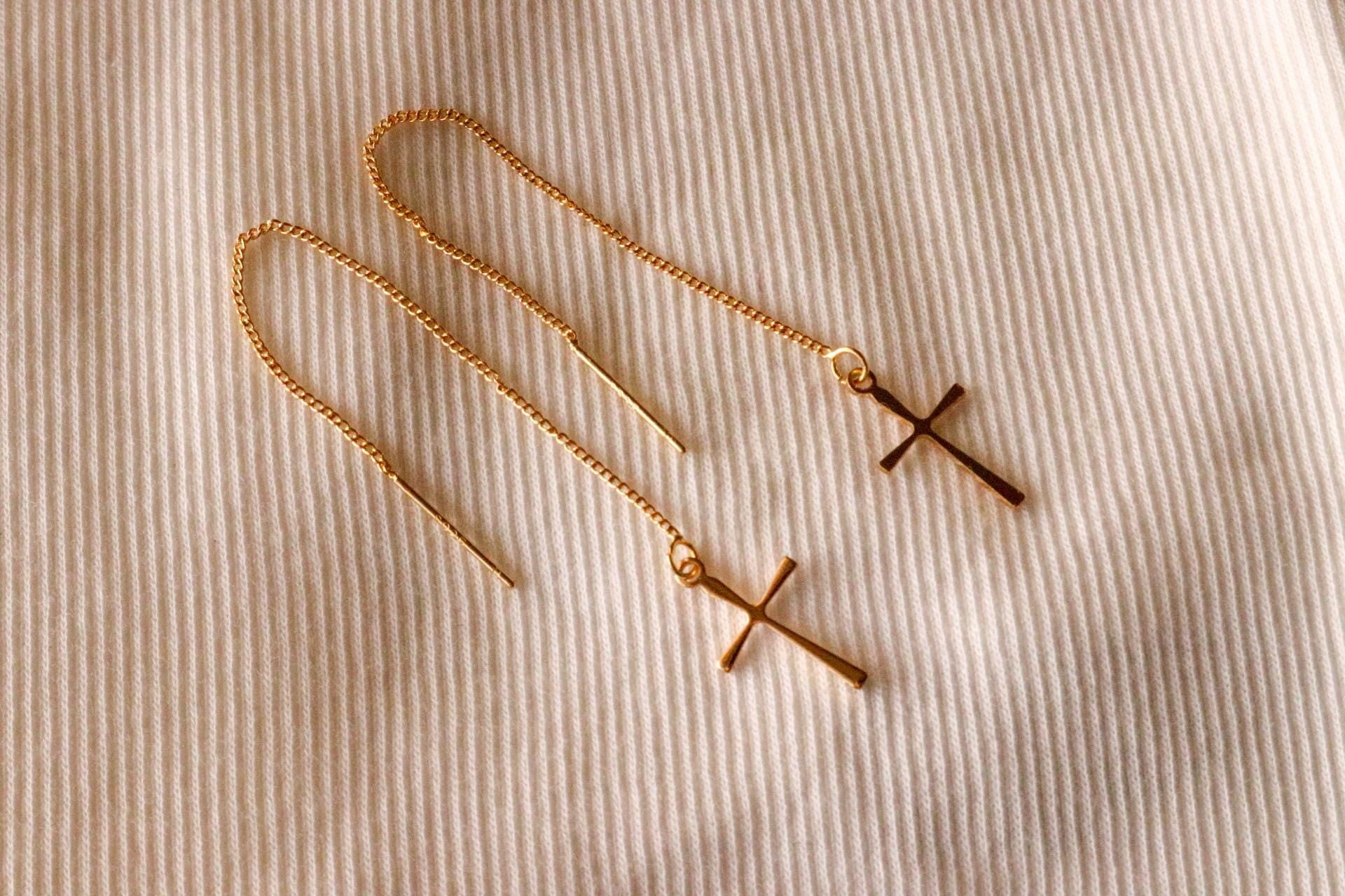 Cross earrings gold, earrings-chains, minimalistic earrings, Gold Earrings, gifted, giftful earrings, christianity gifted, christian  gifted