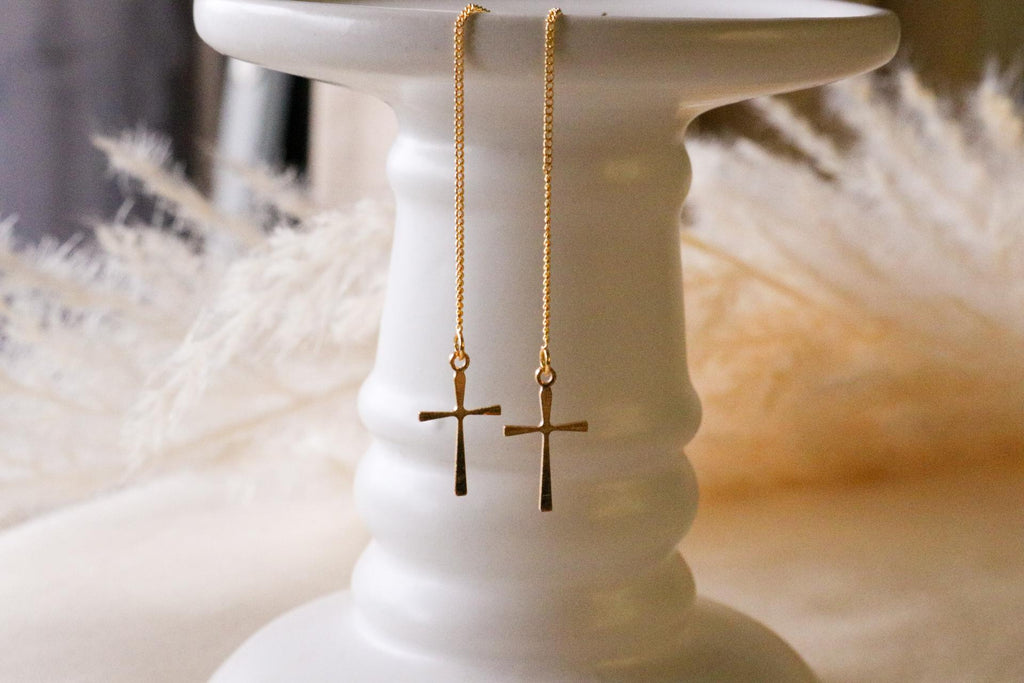 Cross earrings gold, earrings-chains, minimalistic earrings, Gold Earrings, gifted, giftful earrings, christianity gifted, christian  gifted