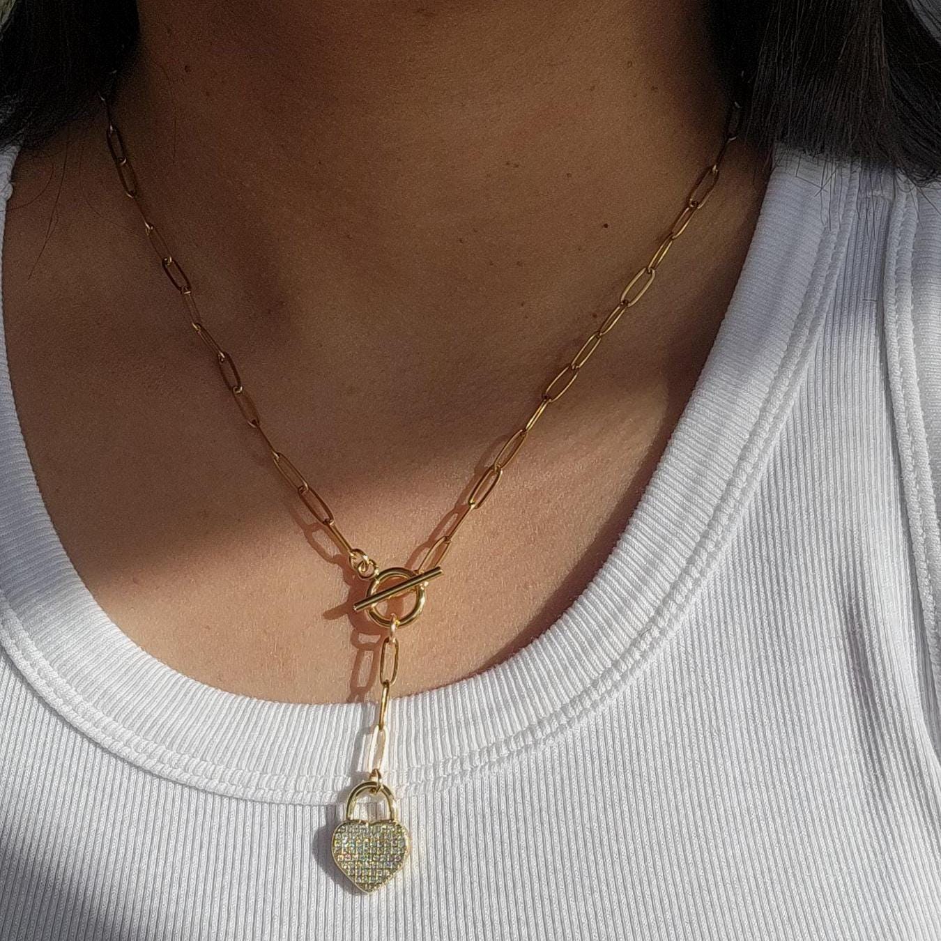 Heart Pendant Paperclip Necklace, Layering Necklace Heart charm, Layered Necklace, Gold paperclip chain, Chain link necklace, gifts for-her