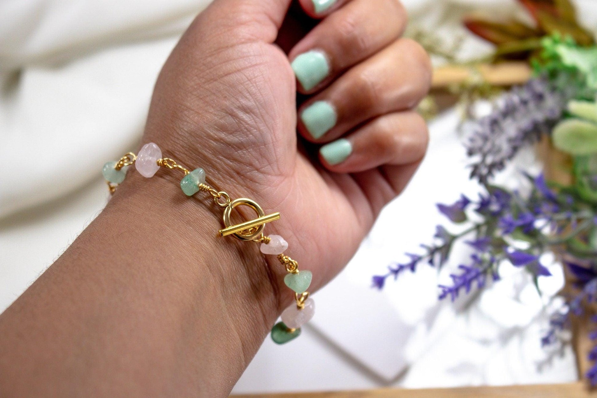 Dainty Rose Quartz Green Aventurine Bracelet, Bracelet Minimaliste, Quartz Rose Bracelet, Healing Bracelet, Fertility Bracelet,Gift For- Her