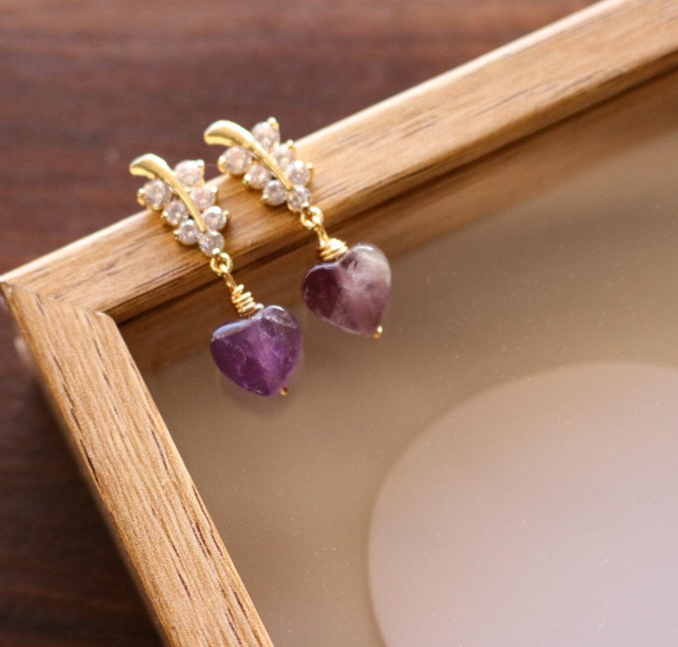 Dainty Earrings, Amethyst Heart Earrings, Tini earrings, Amethyst Heart Earrings, Minimalistic earrings, Valentins earrings, Huggie Earrings