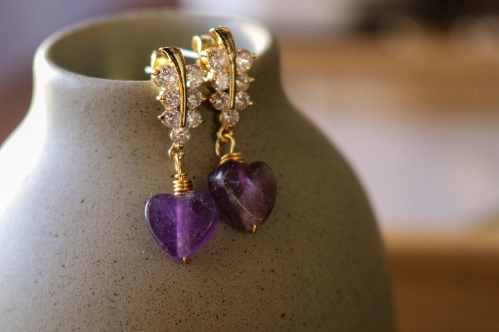 Dainty Earrings, Amethyst Heart Earrings, Tini earrings, Amethyst Heart Earrings, Minimalistic earrings, Valentins earrings, Huggie Earrings