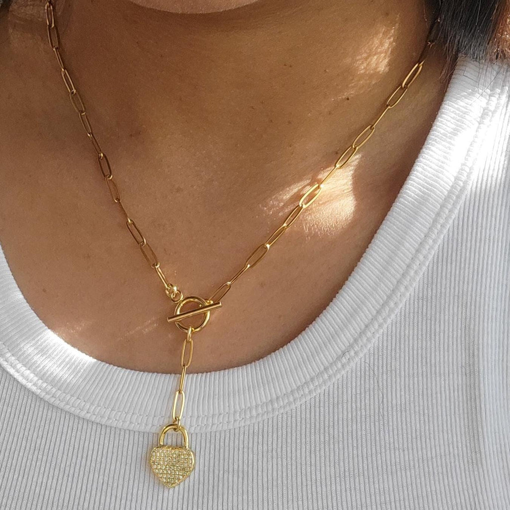 Heart Pendant Paperclip Necklace, Layering Necklace Heart charm, Layered Necklace, Gold paperclip chain, Chain link necklace, gifts for-her