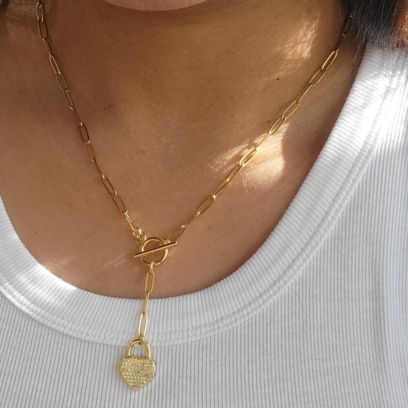 Heart Pendant Paperclip Necklace, Layering Necklace Heart charm, Layered Necklace, Gold paperclip chain, Chain link necklace, gifts for-her