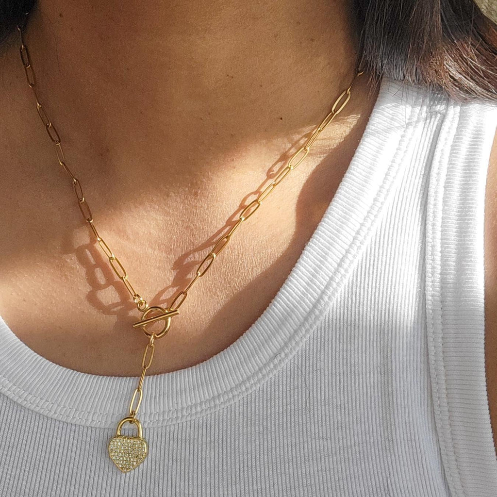 Heart Pendant Paperclip Necklace, Layering Necklace Heart charm, Layered Necklace, Gold paperclip chain, Chain link necklace, gifts for-her