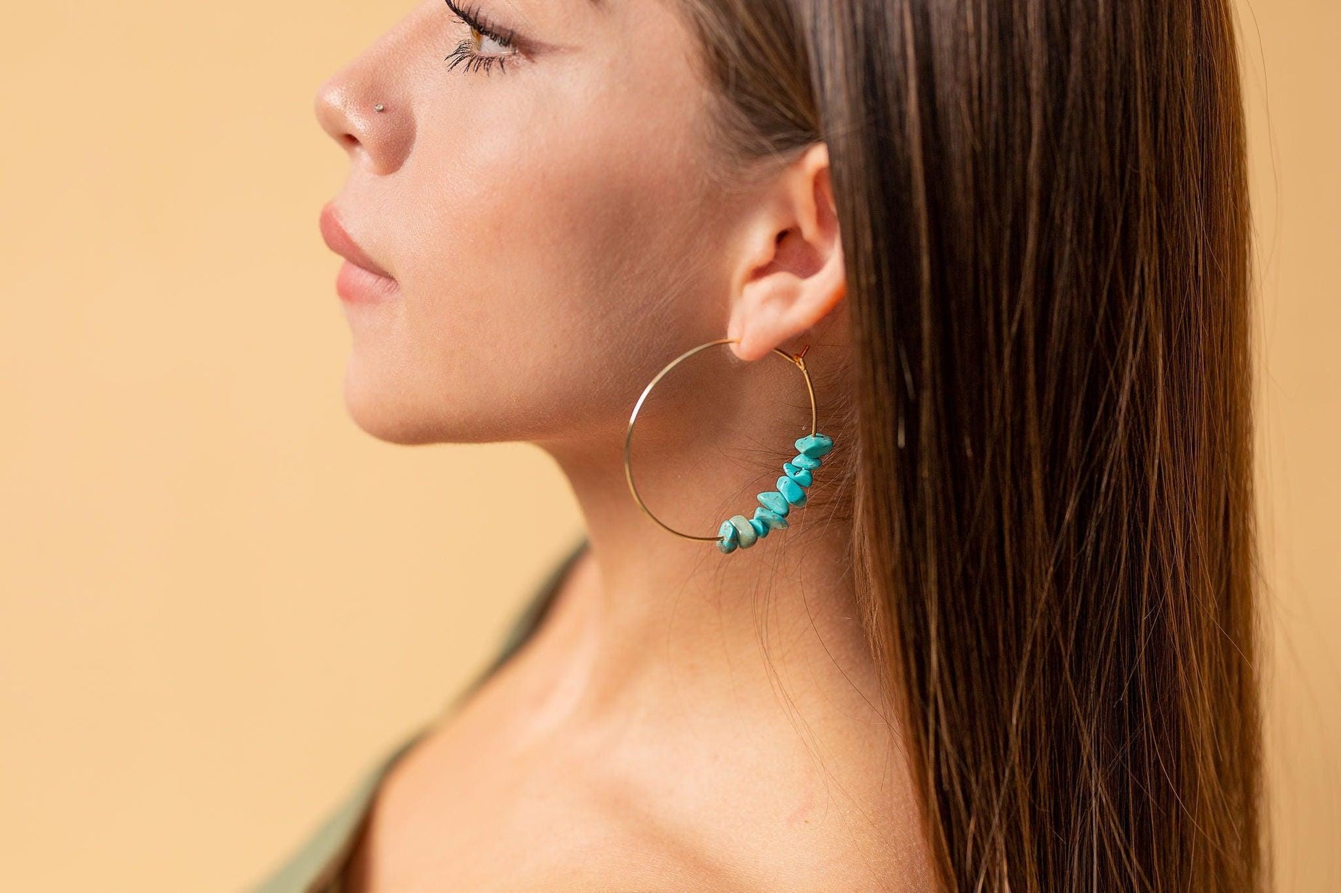 Amazonite earrings, Thin gold hoop earrings, Big hoop earrings, lightweight earrings, raw stone earrings, healing earrings minimalistic