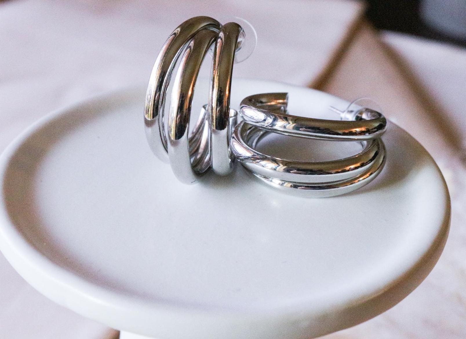 Dainty Triple Hoop Earring, Dainty Hoop Earrings, Chunky Hoop earrings gold, Chunky silver earrings, Thick hoop earrings, gifts for-her