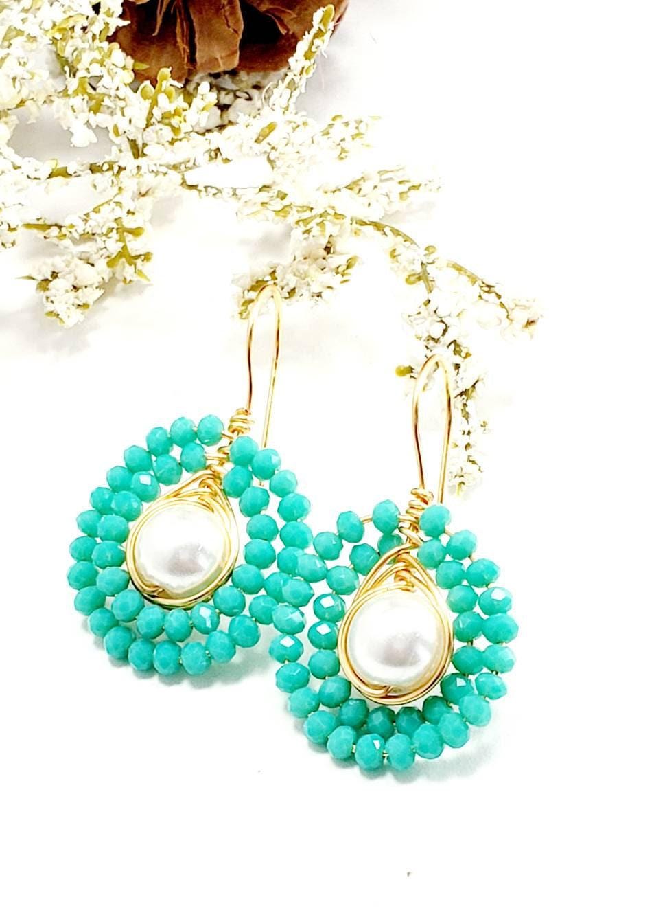 Dainty Drop Mint Pearl Earrings, Large pearl earrings, Dropping earrings, Pearl earrings wedding, Maid of honor Giftful, Gifts for-her