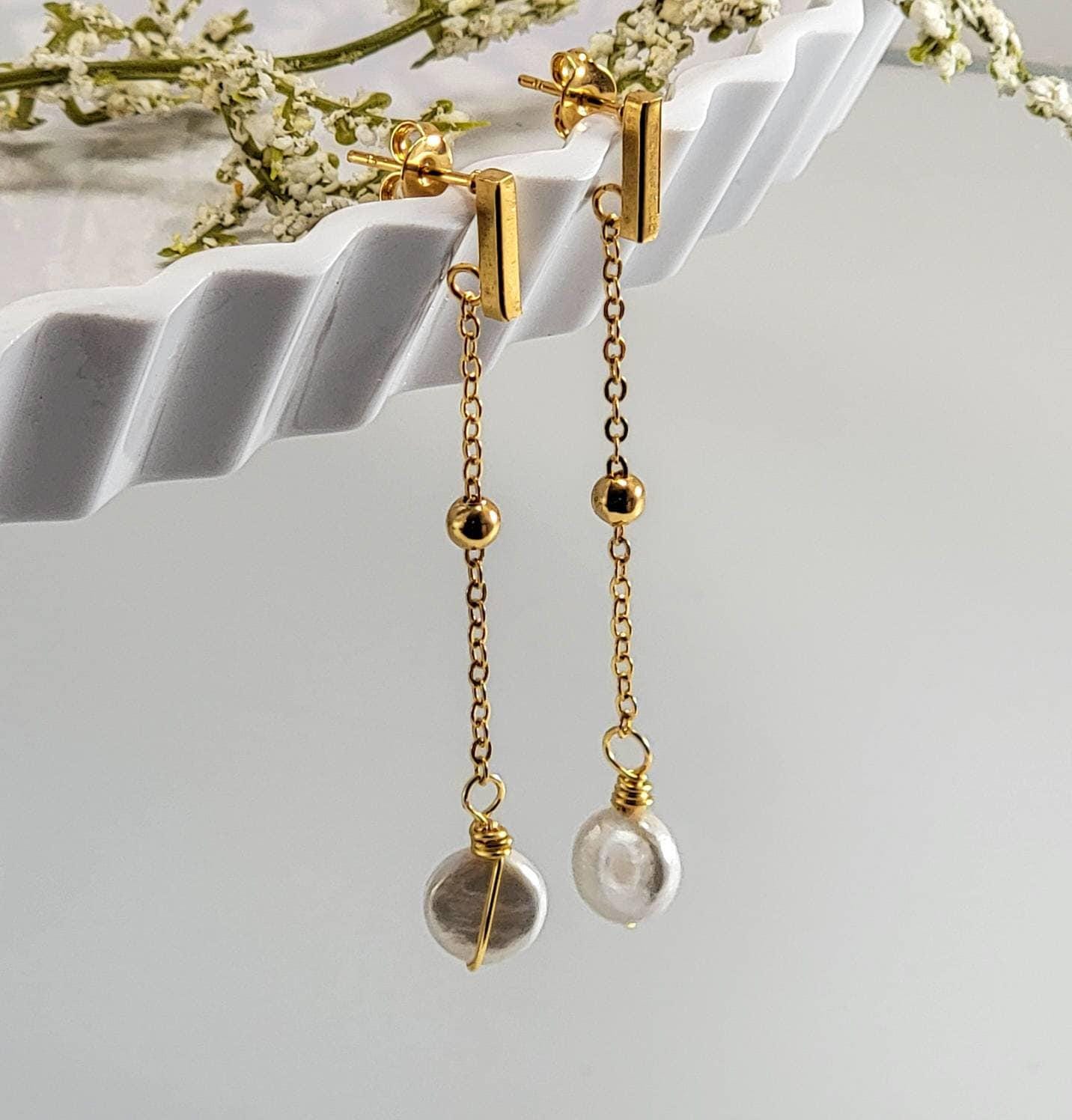 Pearl Drop Earrings, Pearl threader earrings, Bridal Pearl Earrings, Long bridal earrings, Gold chain earrings, Pearl chain bride earrings