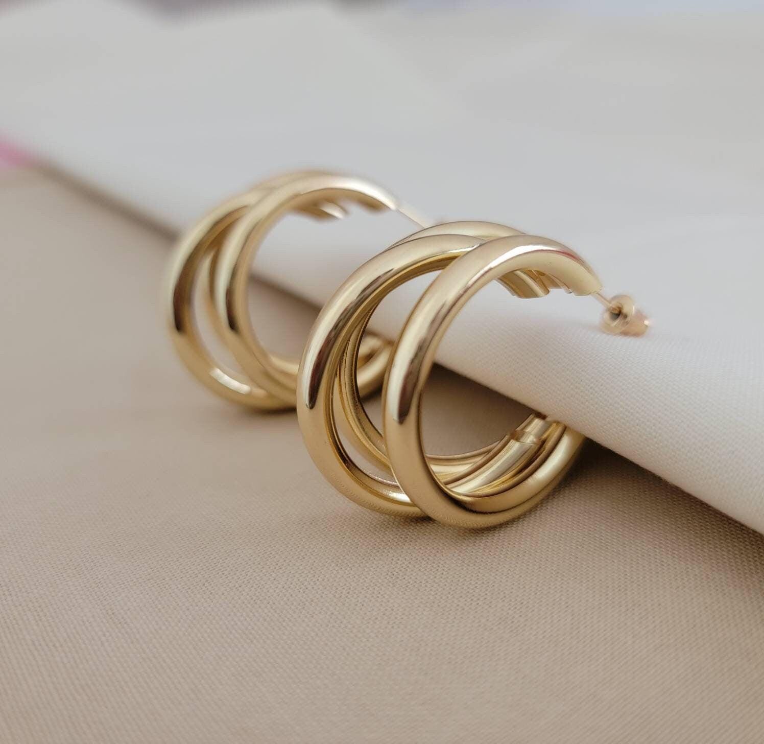 Dainty Triple Hoop Earring, Dainty Hoop Earrings, Chunky Hoop earrings gold, Chunky silver earrings, Thick hoop earrings, gifts for-her