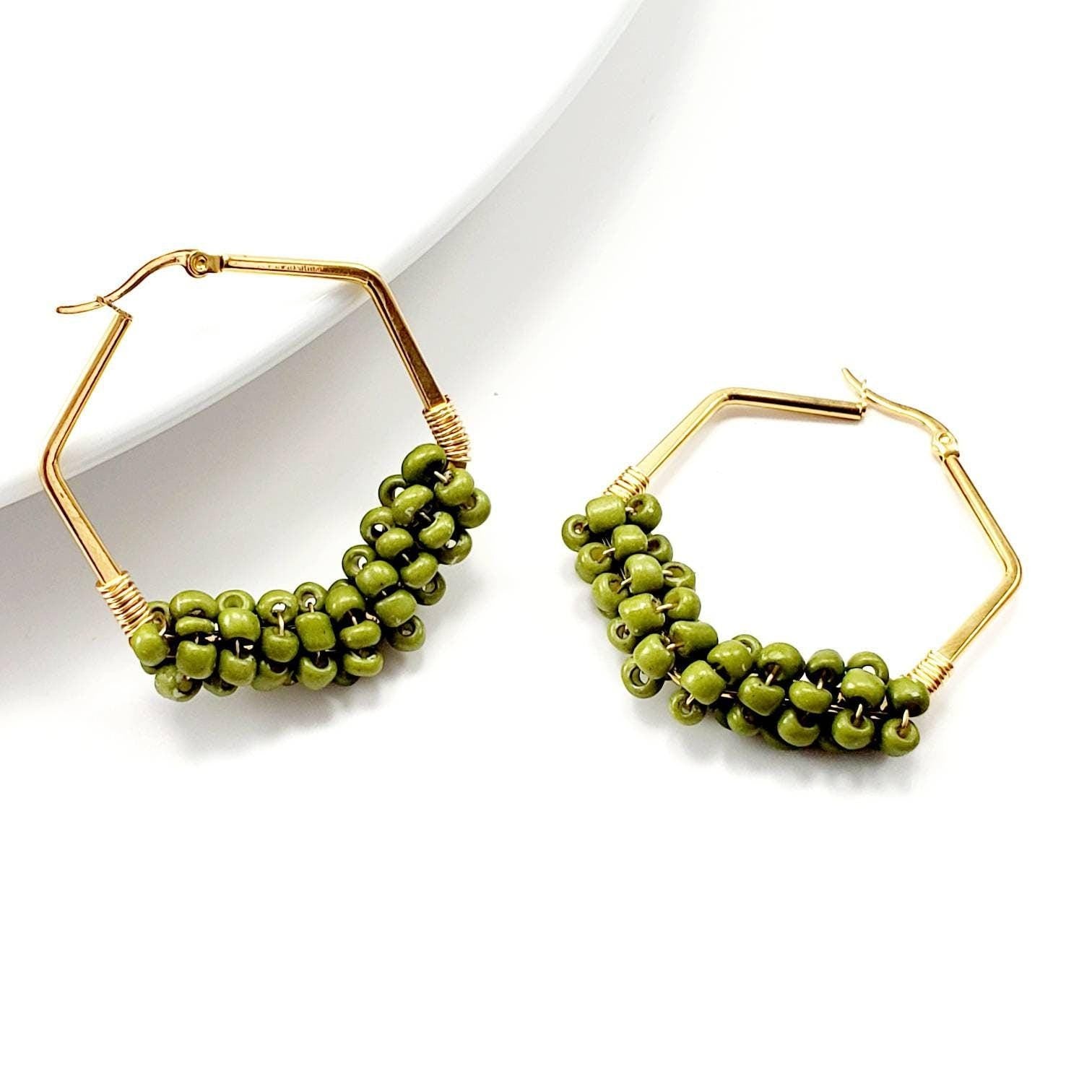 Large Hoops Earrings, Geometric Hexagon Hoops, Thick Gold filled hoops, Chunky earrings hoop, Beaded hoop, Gifte-for-her, gifte fully
