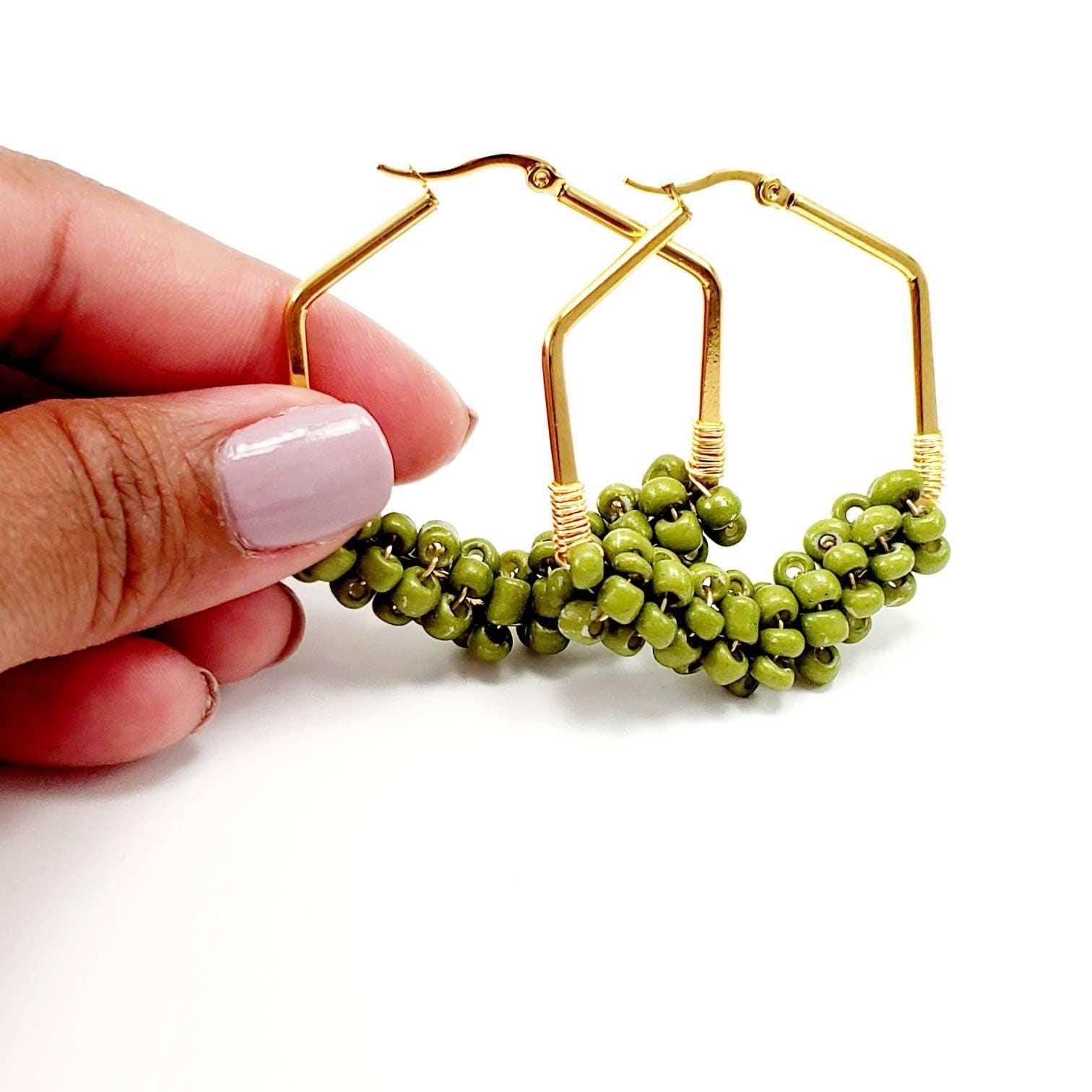 Large Hoops Earrings, Geometric Hexagon Hoops, Thick Gold filled hoops, Chunky earrings hoop, Beaded hoop, Gifte-for-her, gifte fully