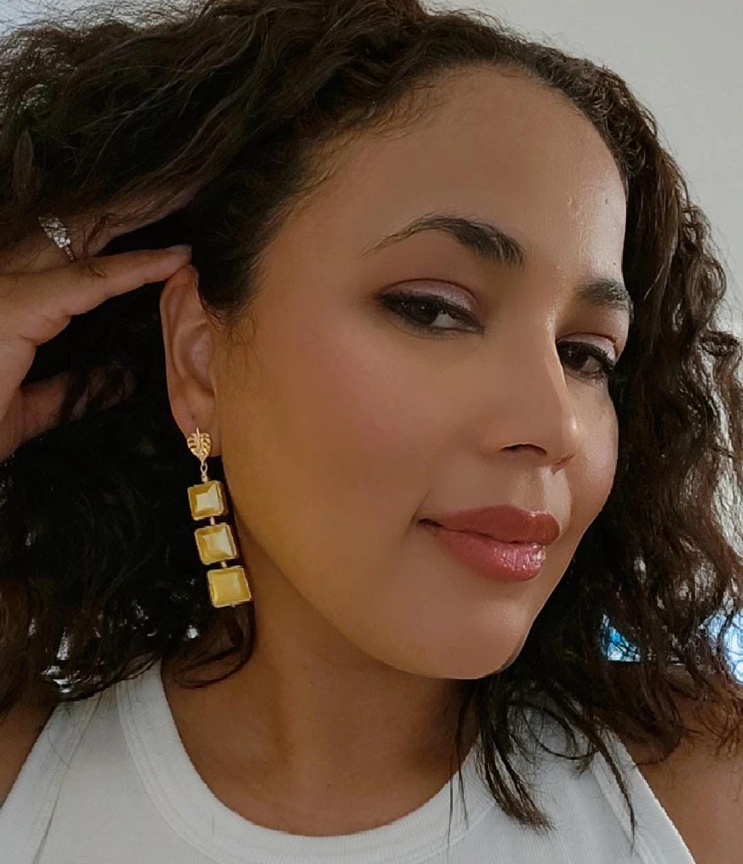 Yellow Drop Crystal earrings, Dainty gold earrings, Dropping earring, Dangle-drop earrings, Christmas earring gifts, Gift Christma mom