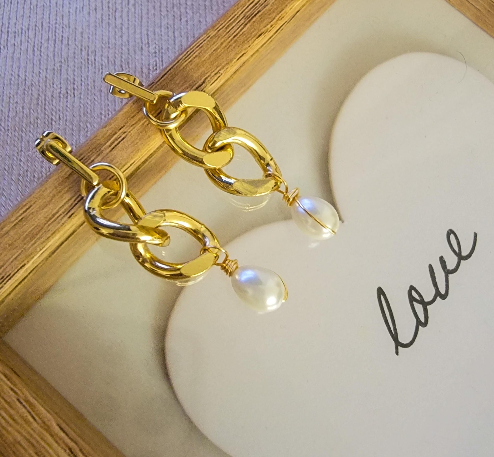 Gold Earrings chains, Chunky Link Chain Pearl Earring, Pearl Chain Link Earrings, Gold Pearl Earrings, Drop Chunky Link Earrings, Gift Moms