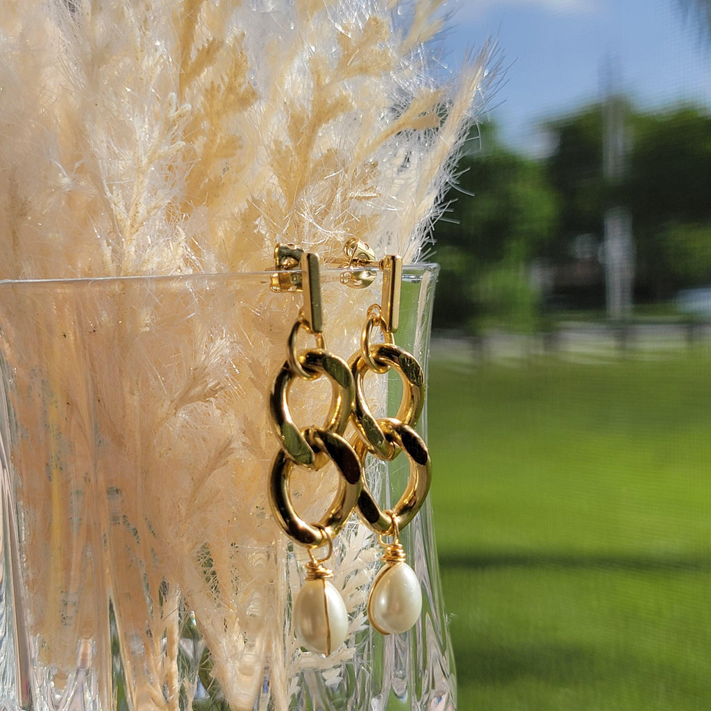 Gold Earrings chains, Chunky Link Chain Pearl Earring, Pearl Chain Link Earrings, Gold Pearl Earrings, Drop Chunky Link Earrings, Gift Moms