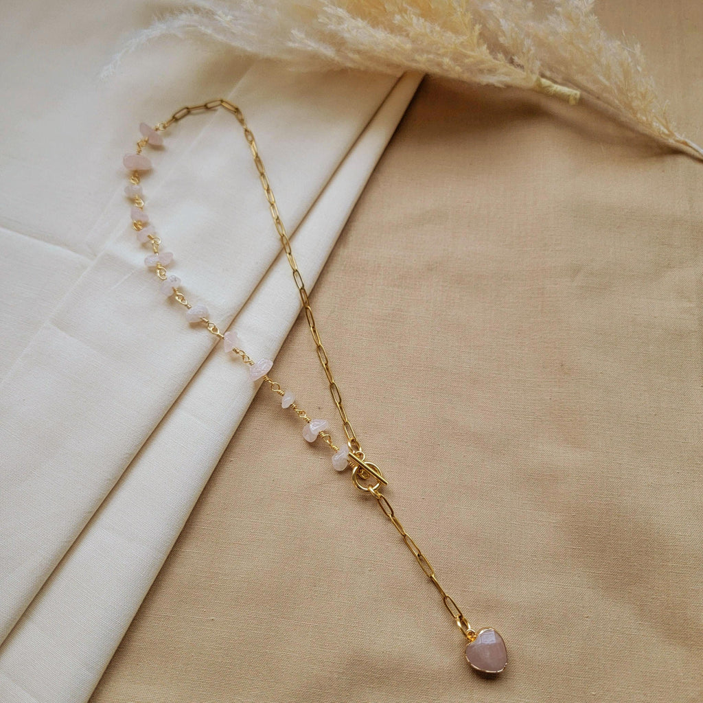 Dainty Rose Quartz Layering Necklace, Genuine Rose Quartz with Toggle Clasp Heart charm Layered Gold Filled Necklace, Gold Stacked Necklaces