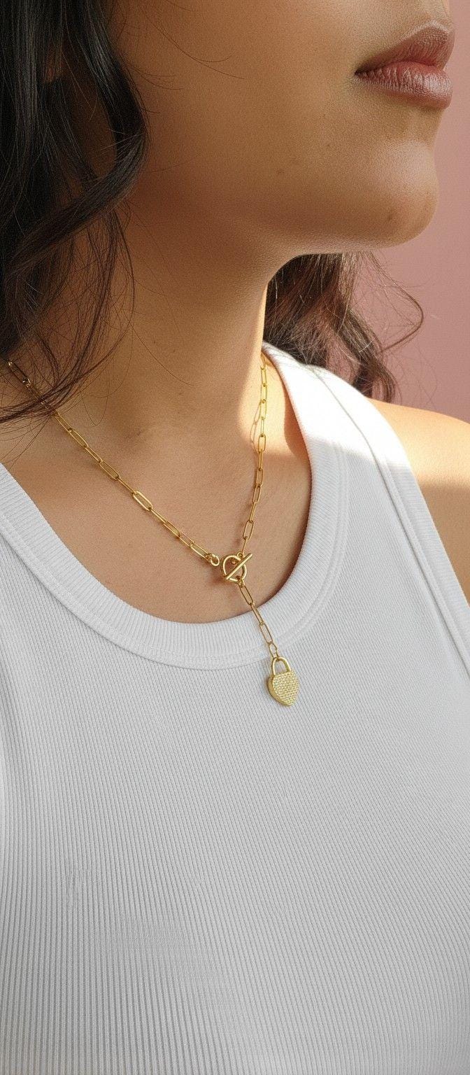 Heart Pendant Paperclip Necklace, Layering Necklace Heart charm, Layered Necklace, Gold paperclip chain, Chain link necklace, gifts for-her