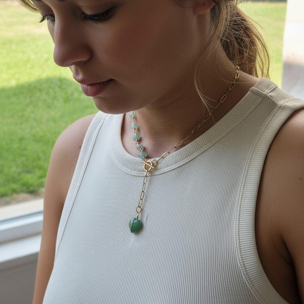 Aventurine Layering Necklace with Toggle Heart Charm