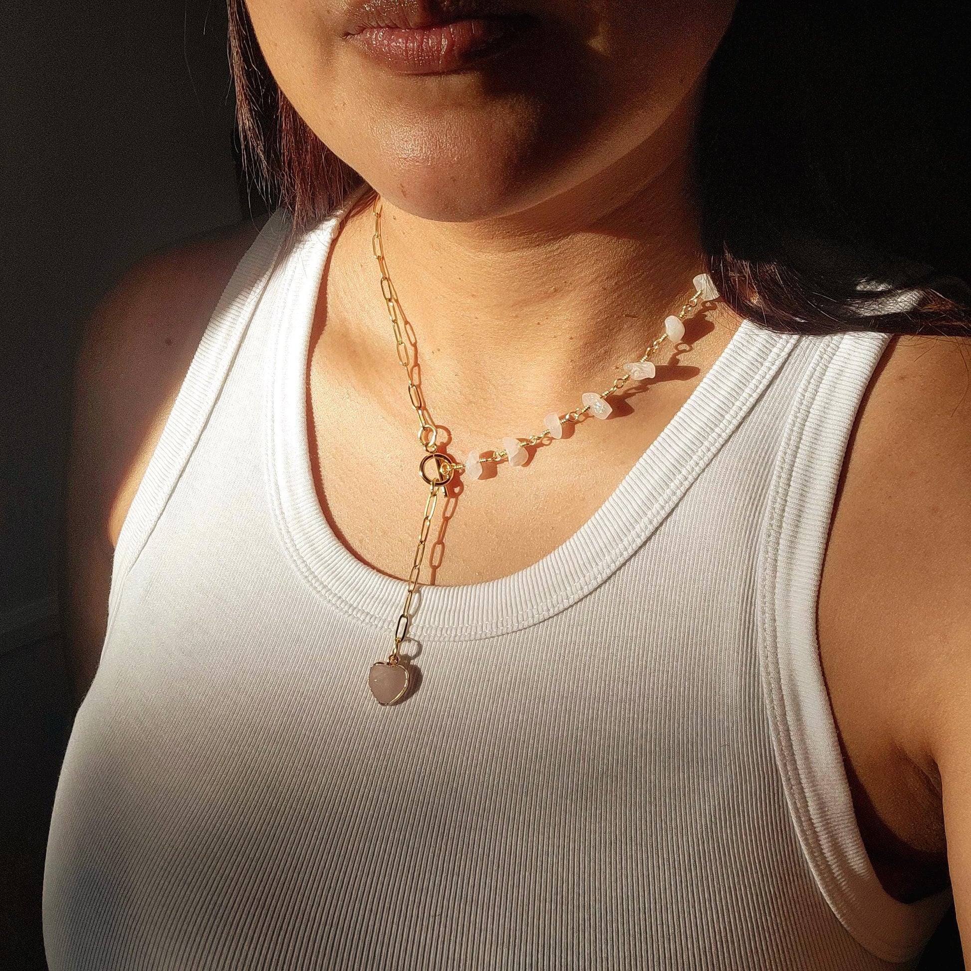 Dainty Rose Quartz Layering Necklace, Genuine Rose Quartz with Toggle Clasp Heart charm Layered Gold Filled Necklace, Gold Stacked Necklaces