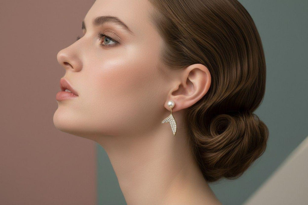 Fishtail Pearl drop earrings, Minimalistic gold earrings, Dainty gold earring, Delicate gold  earrings, gifts for-her, Wife gift, for-women