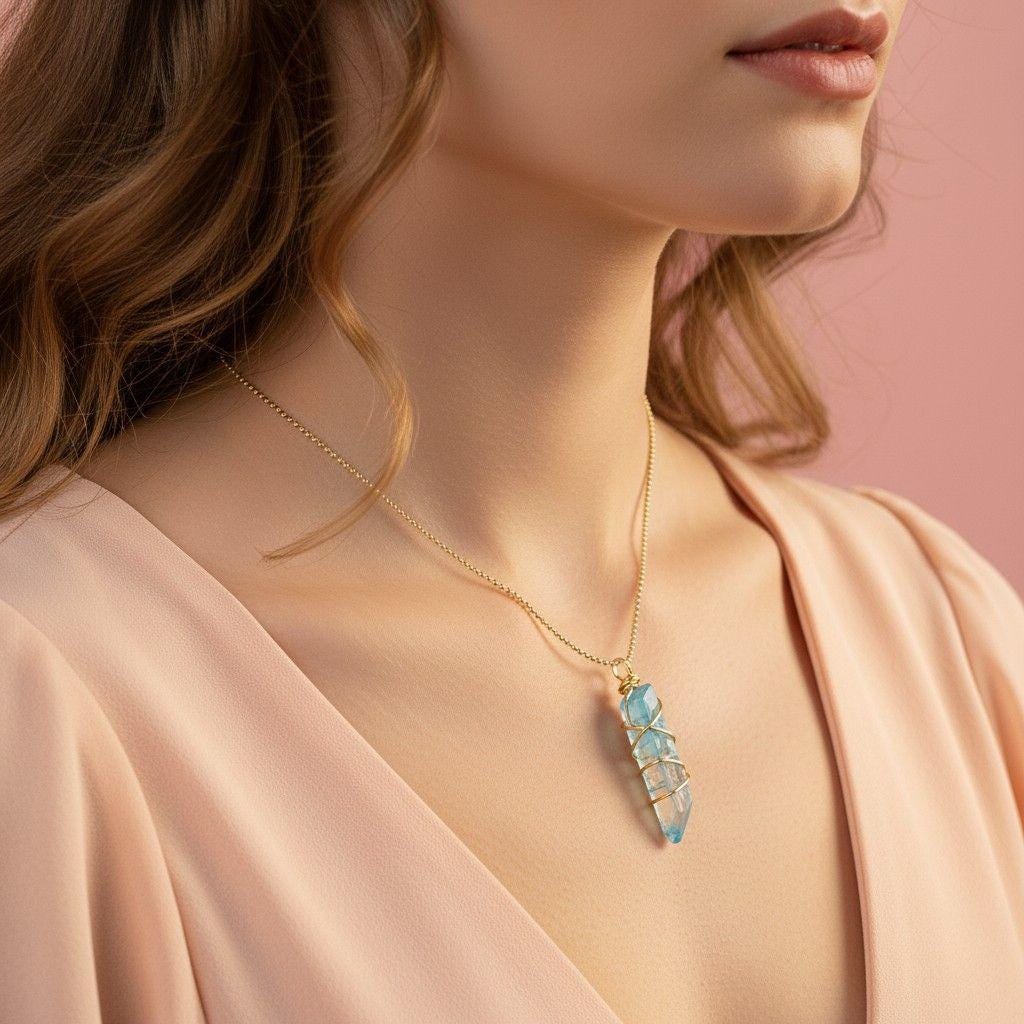 Aqua Aura Quartz Crystal Points Necklace, Blue Aura Quartz Healing Crystals Energy Necklace, Thin chain necklaces, Necklace gift dainty