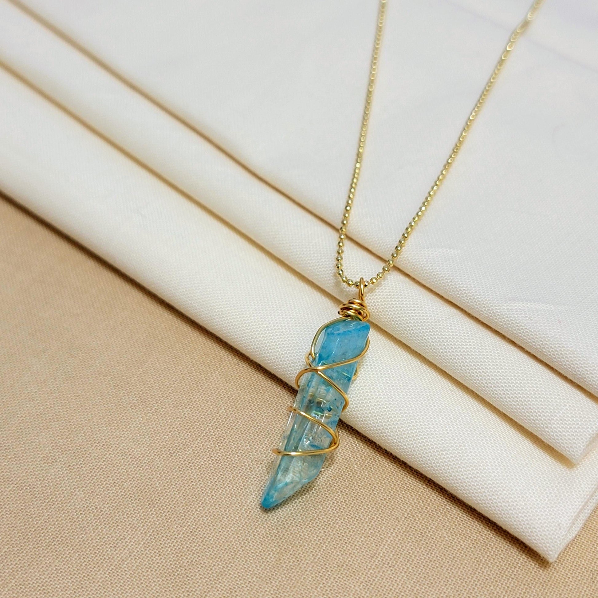 Aqua Aura Quartz Crystal Points Necklace, Blue Aura Quartz Healing Crystals Energy Necklace, Thin chain necklaces, Necklace gift dainty