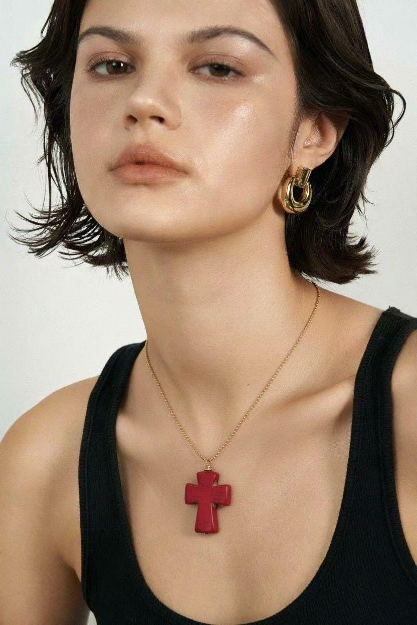 Large Howlite Dainty Cross necklaces, Thin gold necklace, Necklace minimalistic, Chain necklace, Baptism Gift, Christmas Giftful,Wife gifte