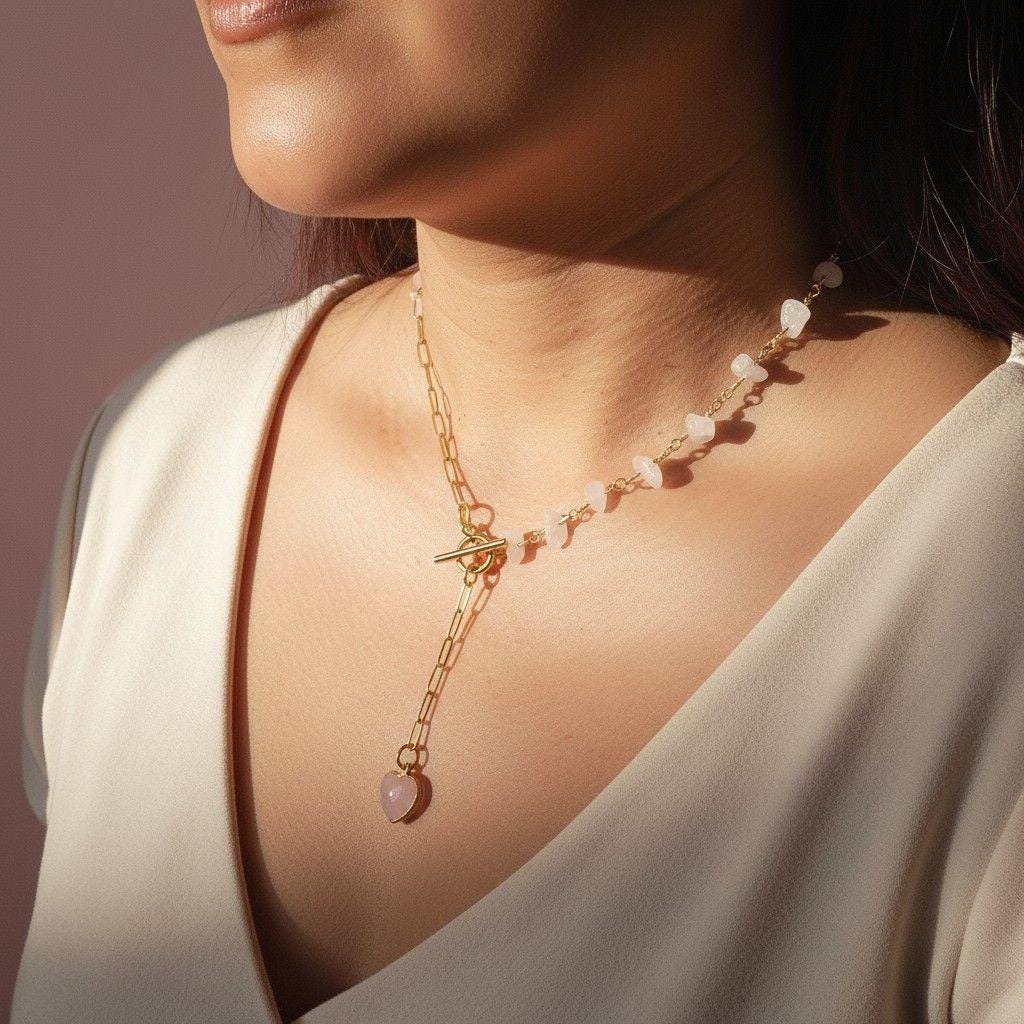 Dainty Rose Quartz Layering Necklace, Genuine Rose Quartz with Toggle Clasp Heart charm Layered Gold Filled Necklace, Gold Stacked Necklaces