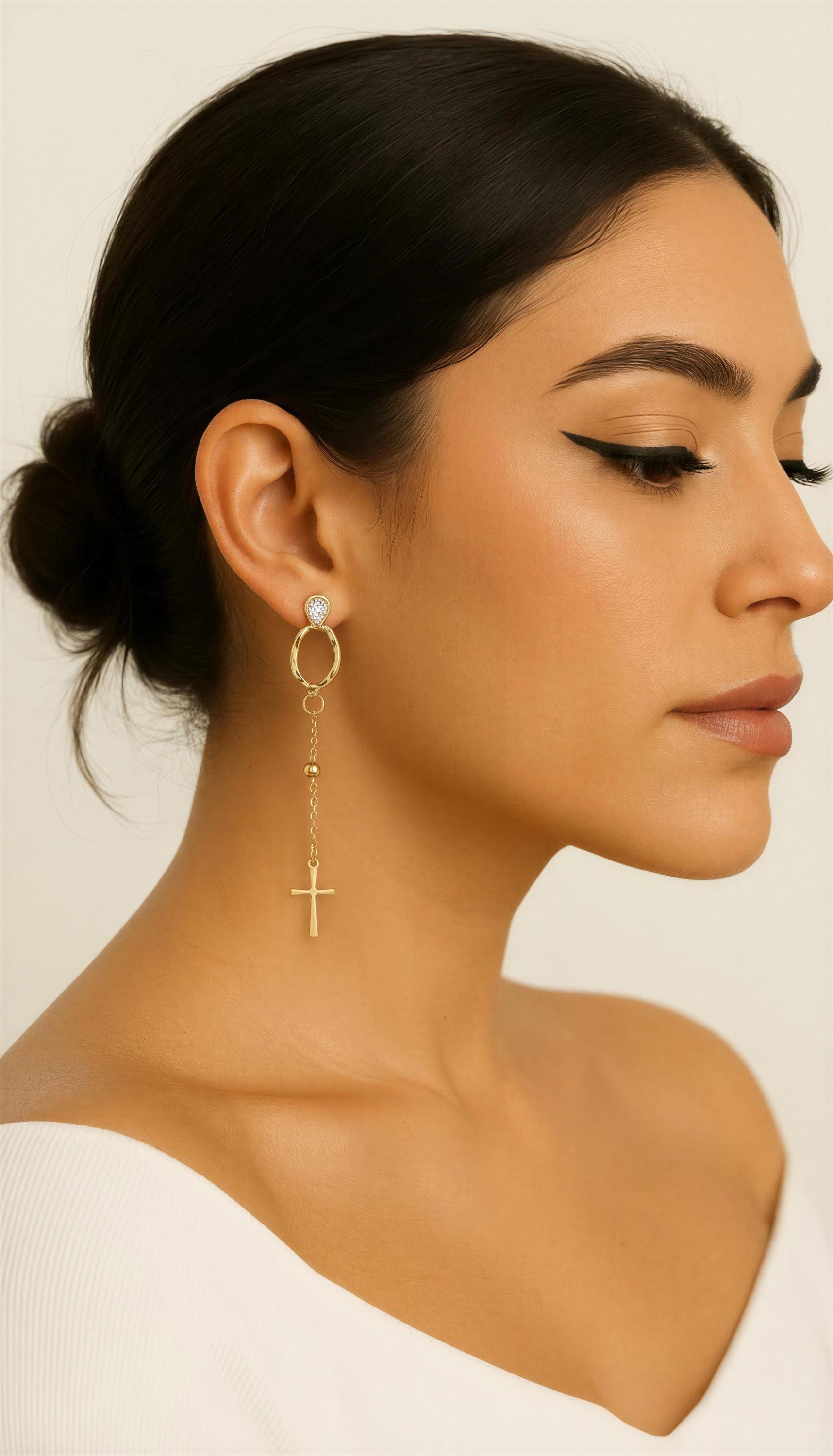 Cross Chain Earrings, Cross earrings gold, Earrings-chains,Minimalistic earrings,Gold chain earrings, Christmas mom gifte,Christmas-daughter