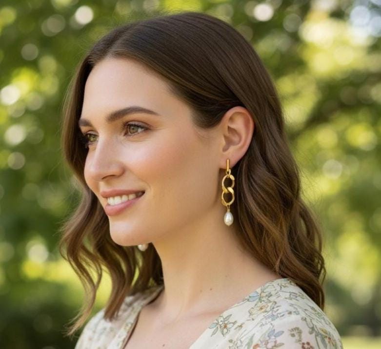 Gold Earrings chains, Chunky Link Chain Pearl Earring, Pearl Chain Link Earrings, Gold Pearl Earrings, Drop Chunky Link Earrings, Gift Moms