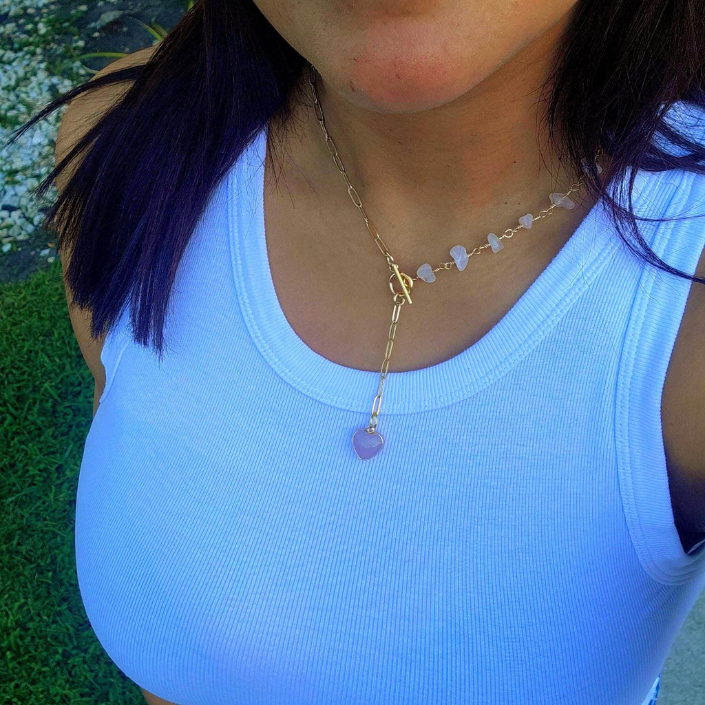 Dainty Rose Quartz Layering Necklace, Genuine Rose Quartz with Toggle Clasp Heart charm Layered Gold Filled Necklace, Gold Stacked Necklaces