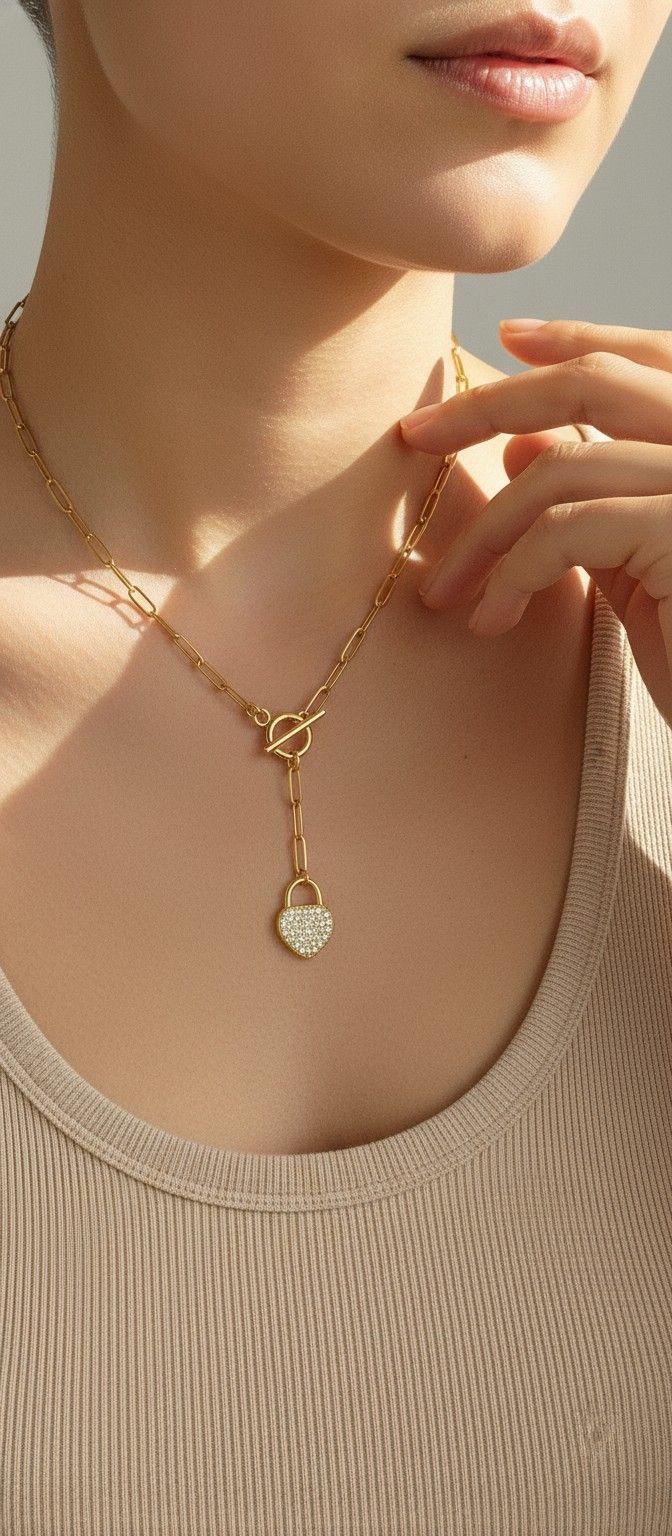 Heart Pendant Paperclip Necklace, Layering Necklace Heart charm, Layered Necklace, Gold paperclip chain, Chain link necklace, gifts for-her