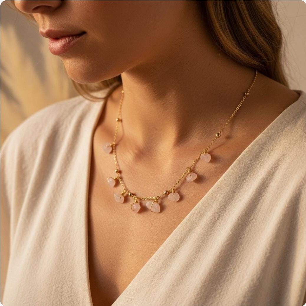 Dainty Real Rose quartz necklace gold, Minimaliste necklace, Genuine rose quartz, Raw rose quartz necklace, Necklace-christmas,Gifts for-her