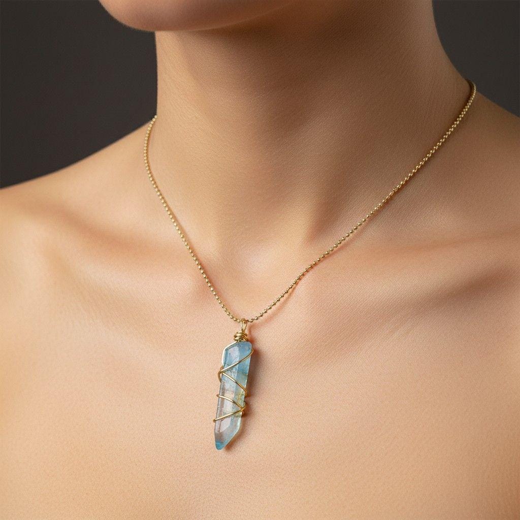 Aqua Aura Quartz Crystal Points Necklace, Blue Aura Quartz Healing Crystals Energy Necklace, Thin chain necklaces, Necklace gift dainty