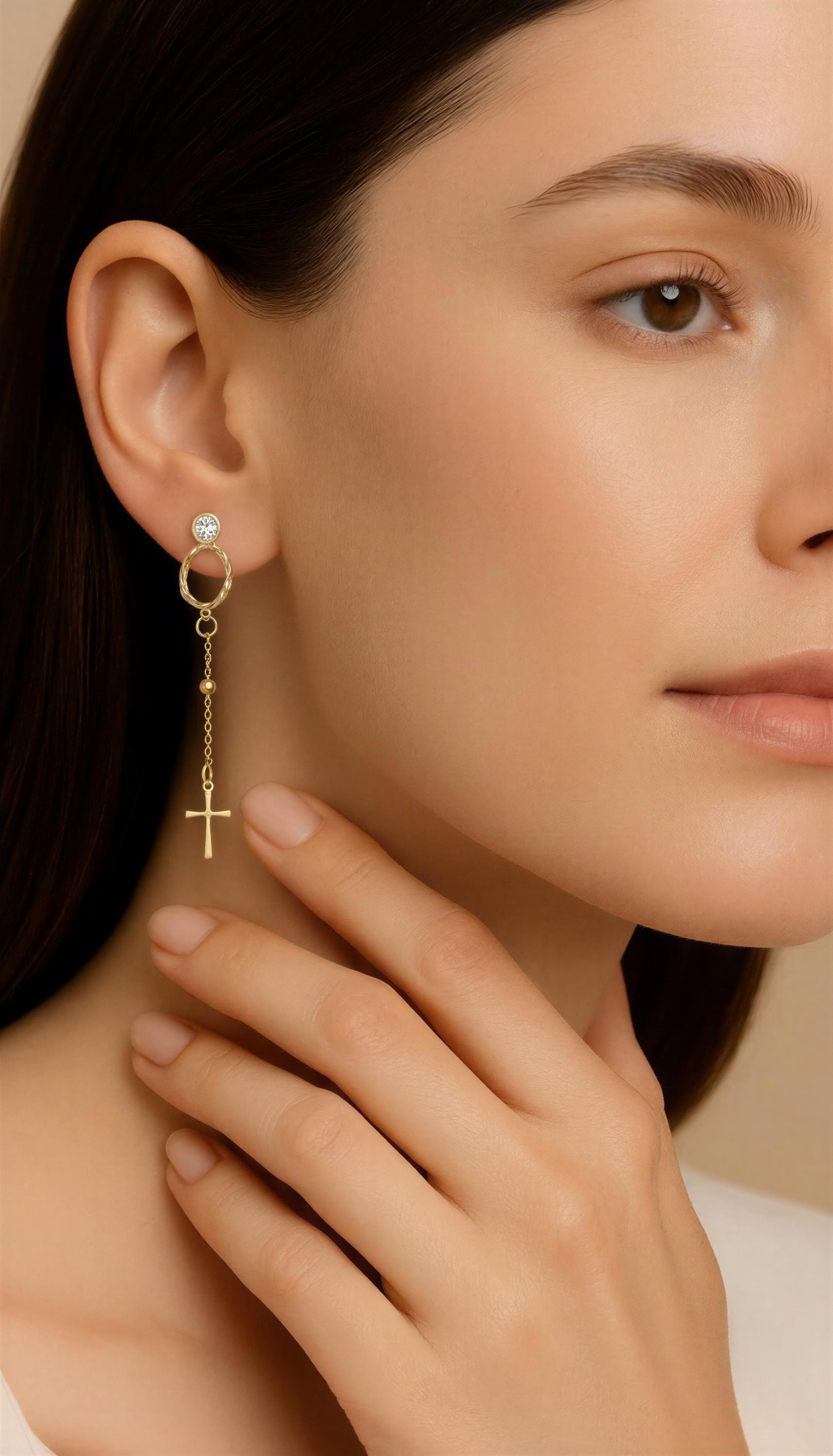 Cross Chain Earrings, Cross earrings gold, Earrings-chains,Minimalistic earrings,Gold chain earrings, Christmas mom gifte,Christmas-daughter