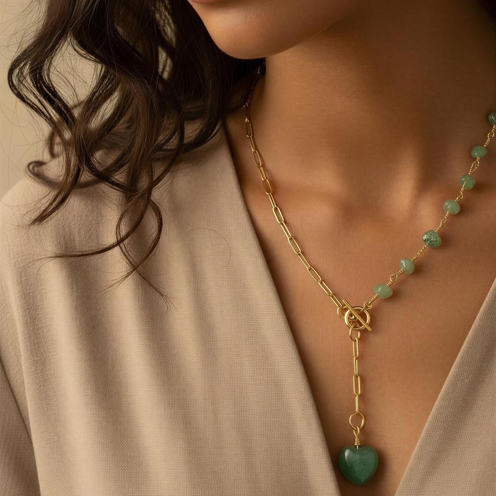 Aventurine Layering Necklace with Toggle Heart Charm