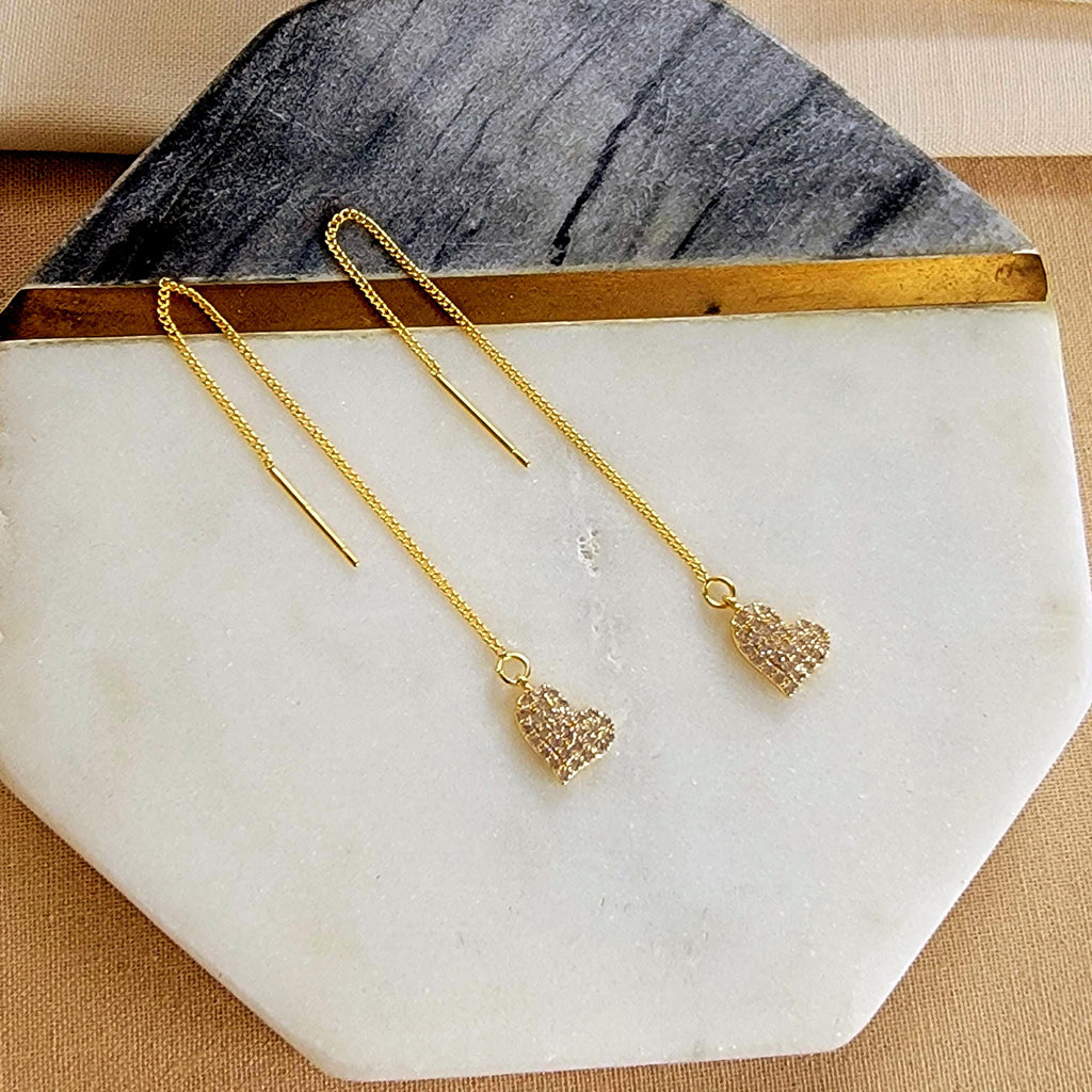 Heart Thread earrings, Dainty earrings gold, earrings-chains, minimalistic earrings, Gold Earrings, gold threaders,Minimalist Chain Earring