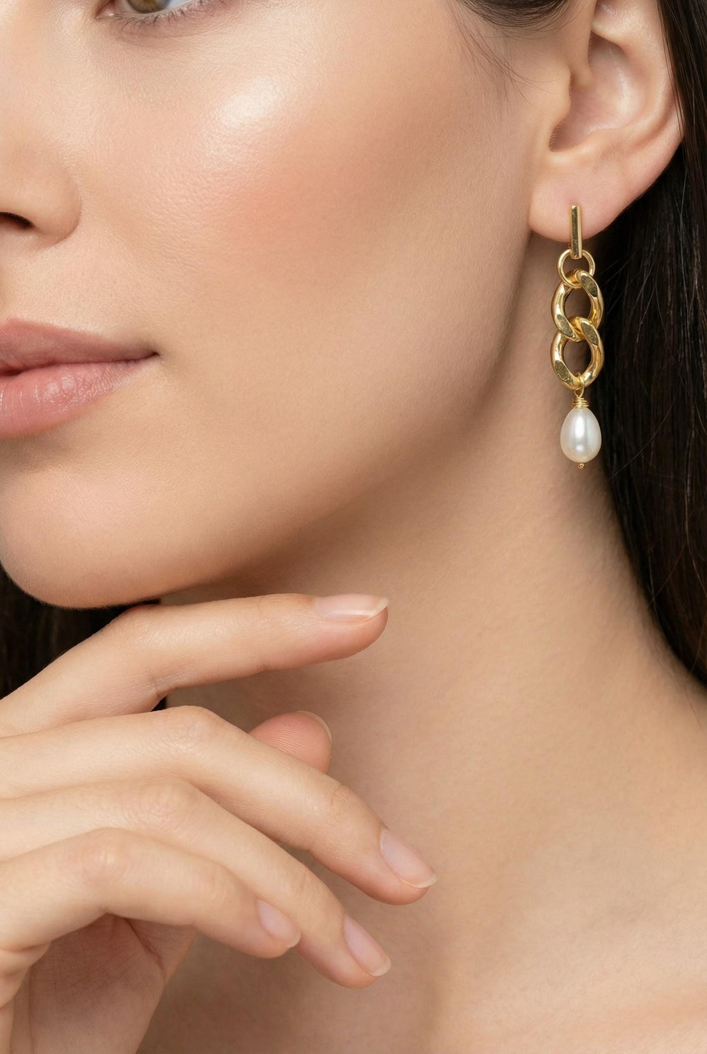 Gold Earrings chains, Chunky Link Chain Pearl Earring, Pearl Chain Link Earrings, Gold Pearl Earrings, Drop Chunky Link Earrings, Gift Moms