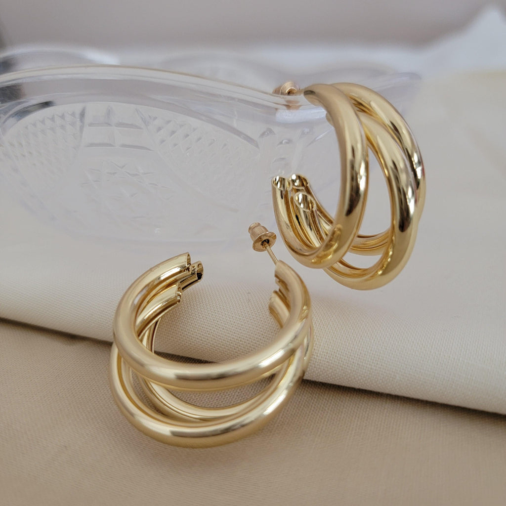 Triple Hoop Earrings, Gold hoop earrings, Knot earrings,Thick hoop earrings, Chunky gold hoops earrings, Triple band hoops, gold triple hoop