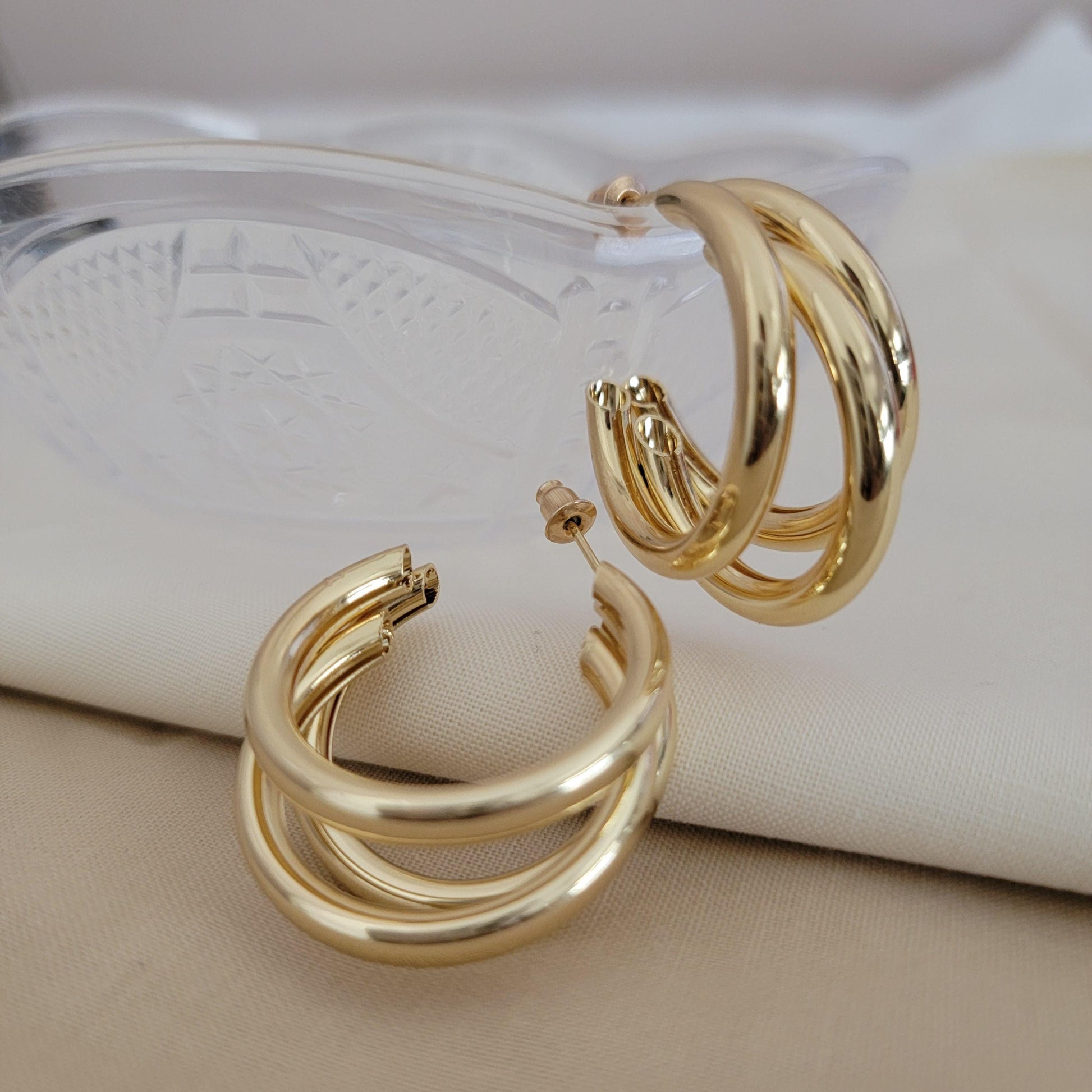 Triple Hoop Earrings, Gold hoop earrings, Knot earrings,Thick hoop earrings, Chunky gold hoops earrings, Triple band hoops, gold triple hoop