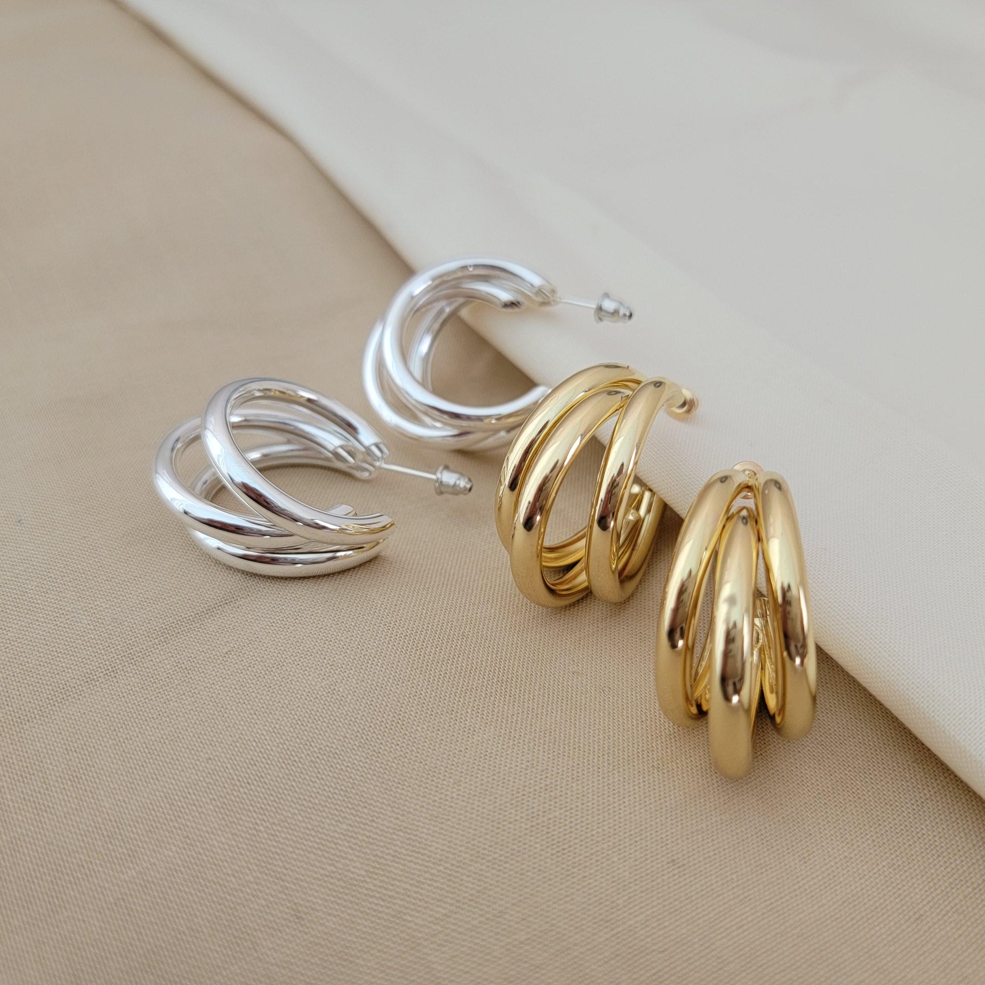 Triple Hoop Earrings, Gold hoop earrings, Knot earrings,Thick hoop earrings, Chunky gold hoops earrings, Triple band hoops, gold triple hoop