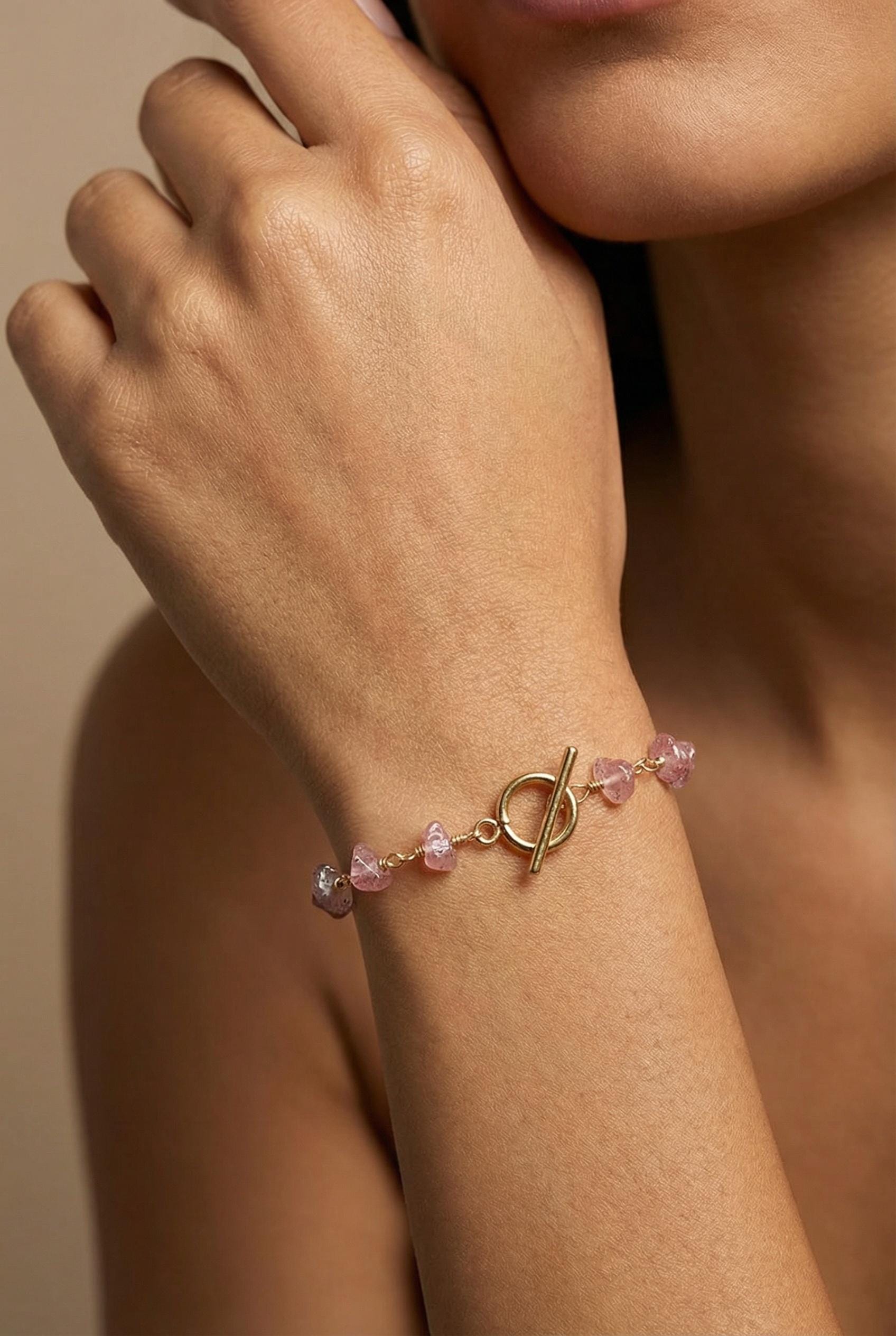 Dainty Strawberry quartz bracelet, Stone-bracelet, Minimalist bracelet, Dainty Crystal bracelet, Mom gift, Hers bracelets, gifted wife