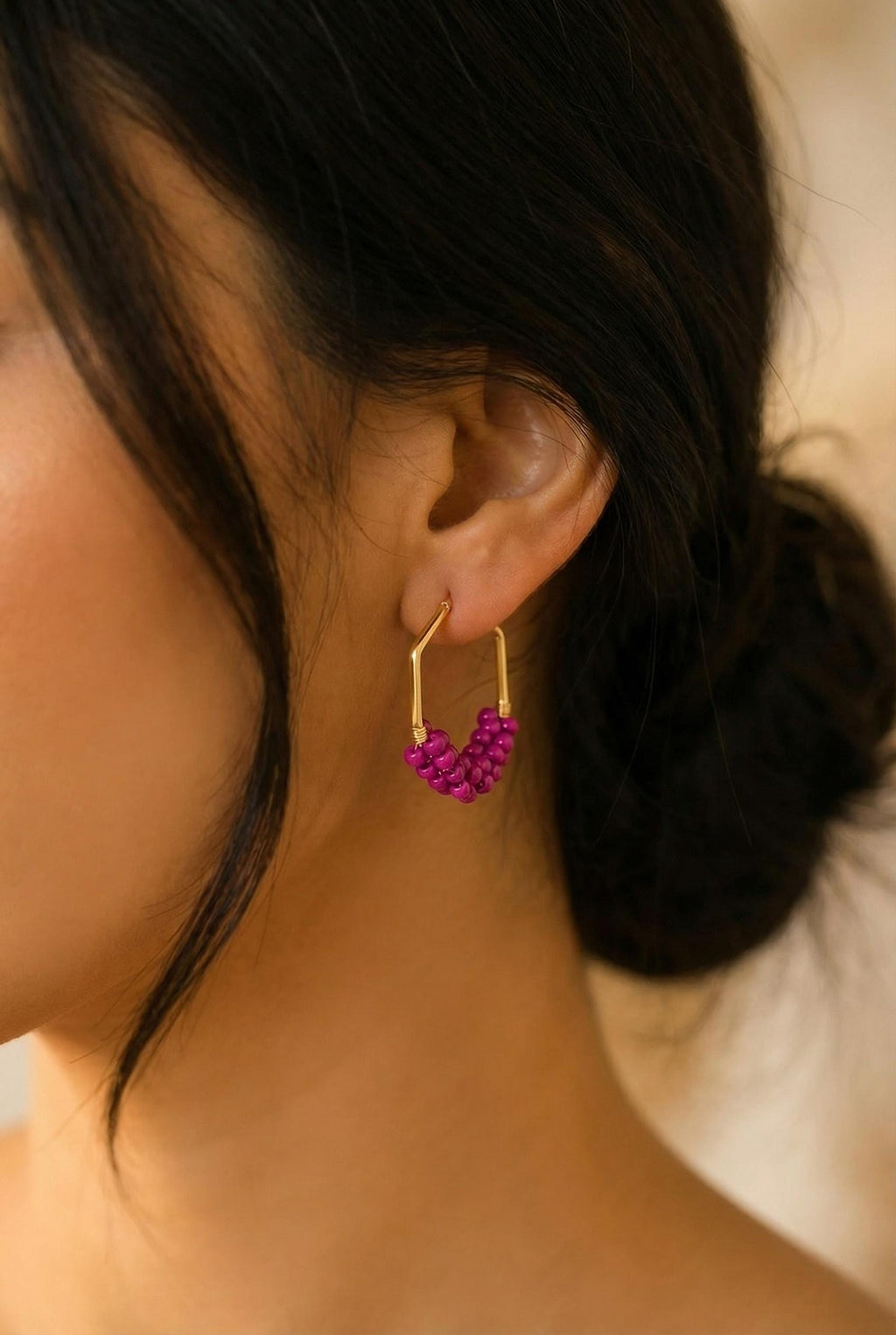 Dainty Hot Pink Hoop Beaded Earrings, Thick hoop earrings, Chunky earrings hoop, Gold filled hoops, Fuchsia Earrings, Earring for hers Wife