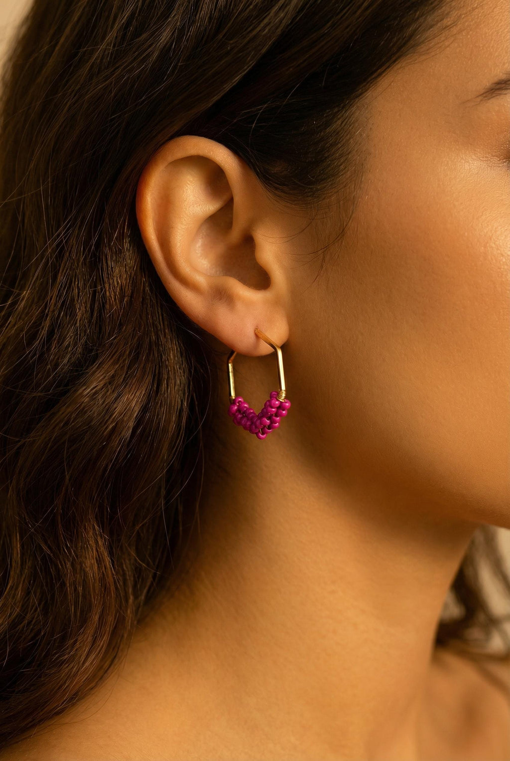 Dainty Hot Pink Hoop Beaded Earrings, Thick hoop earrings, Chunky earrings hoop, Gold filled hoops, Fuchsia Earrings, Earring for hers Wife