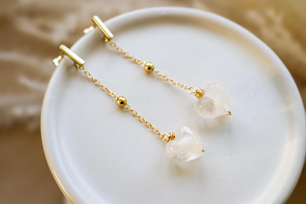 Dainty Earrings, Hearts earrings, Chain Minimalist Earring, Dropping Earrings, Dainty Gold Earrings, Drop Clear Quartz Earrings For her