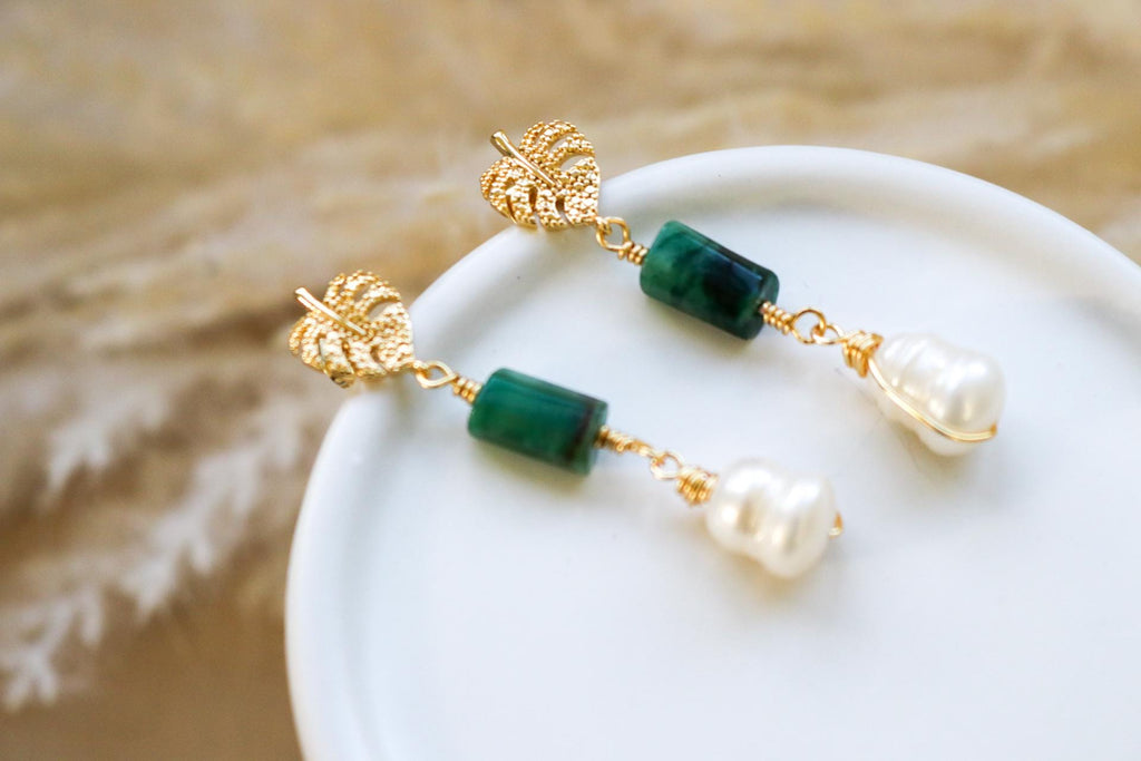 Natural Emerald Earrings, Freshwater Pearl drop earrings, Dainty Earrings, Stacking Earrings, Gemstone Earrings, May Birthstone, Hers Gift
