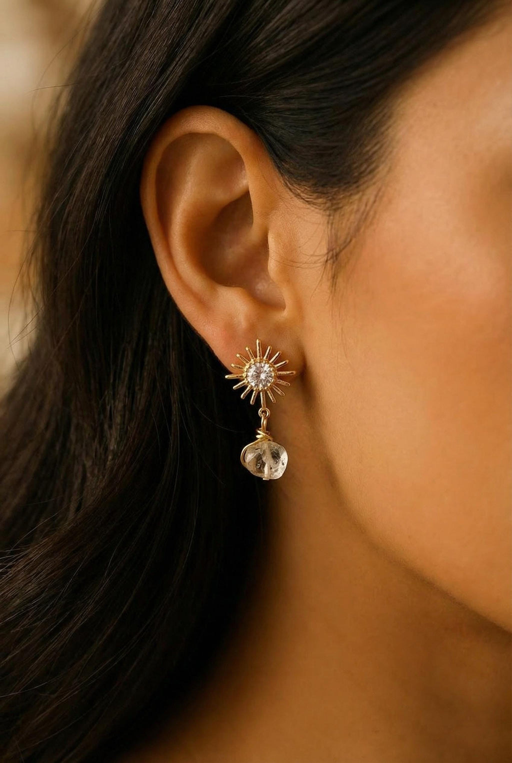 Dainty Sun Star Earrings, Sun Earrings Gold,Minimalist Earring, Drop Clear Quartz Earrings, Crystal Earrings, Giftful earrings,Gifts For-Her