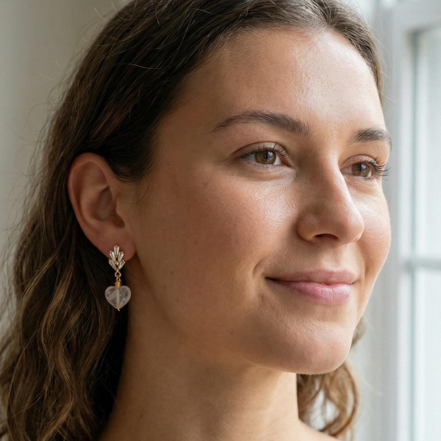Dainty Earrings, Hearts earrings, Minimalist Earring, Dropping Earrings, Dainty Gold Earrings, Drop Clear Quartz Earrings, Gifts For-Her