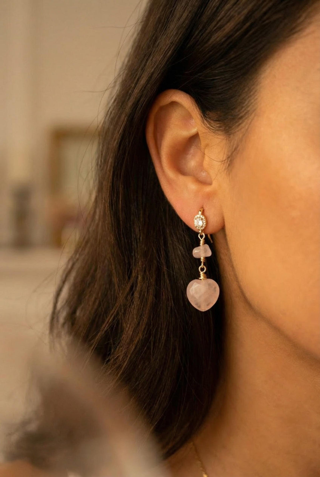 Natural Rose Quartz Dangle Earrings, Rose Quartz Drop Earrings, Dainty Earrings, Rose Quartz Heart Earrings, Minimalist Earrings, Hers Gift