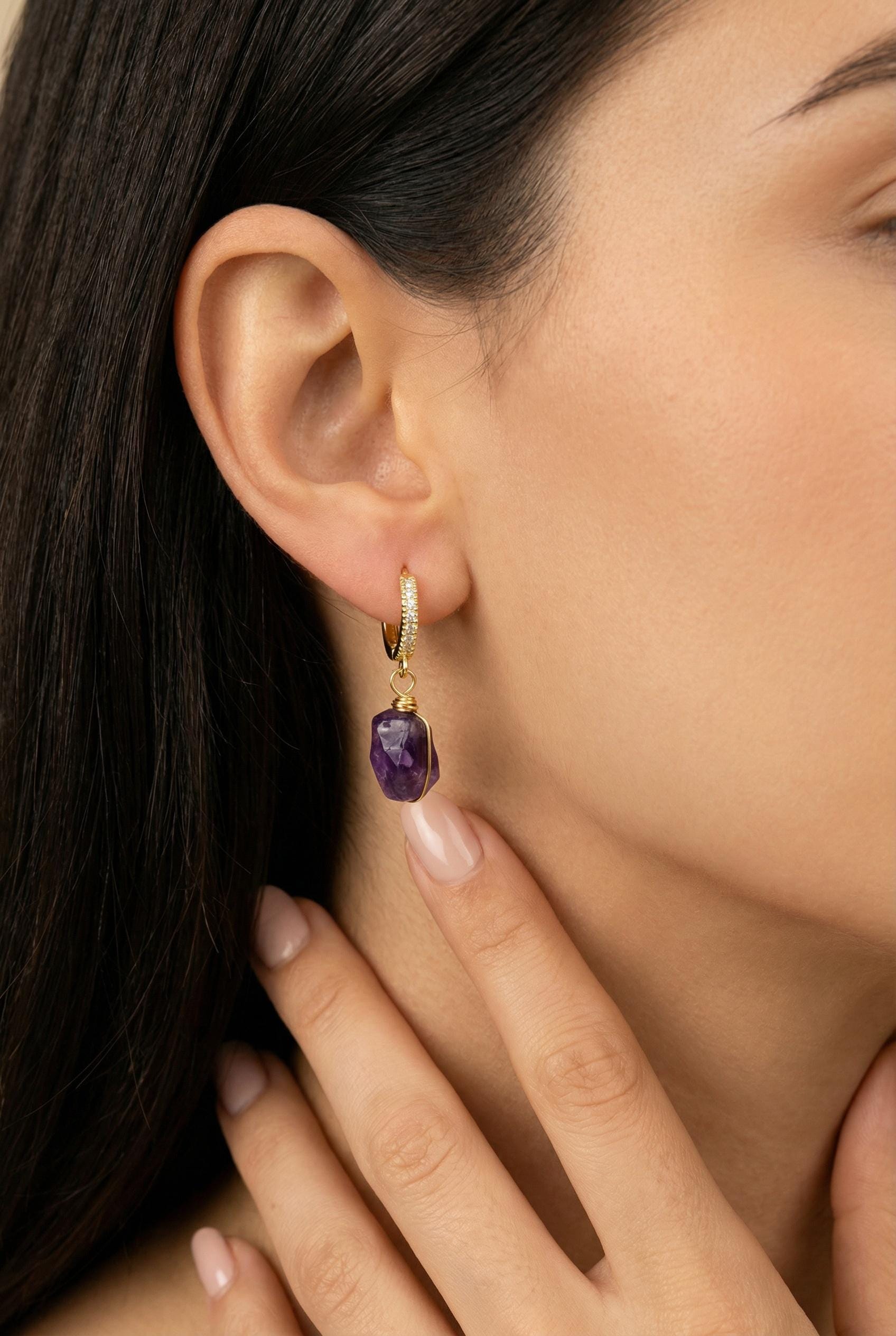 Amethyst hoop earrings, Hoop Dainty Earring, Tiny hoop earrings, Amethyst Huggie Hoop Earrings, Hoop Mini Earring, Gemstone hoops, Hers Gift